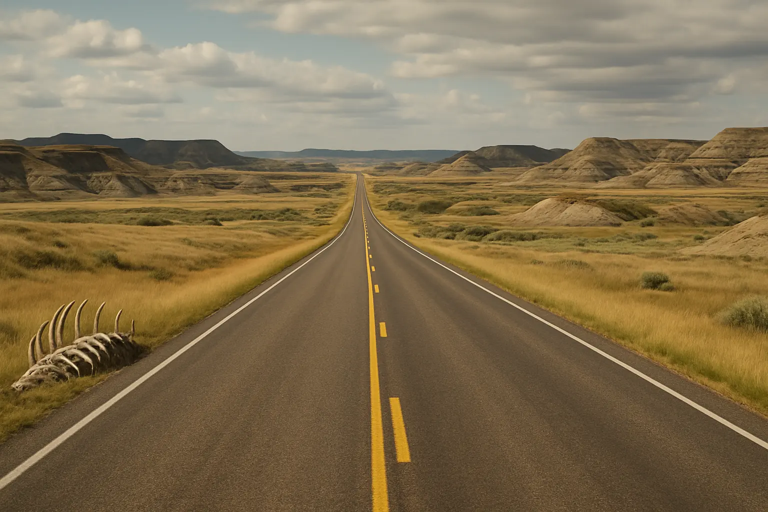 Scenic Montana badlands landscape with dinosaur fossil rock formations and wide open skies
